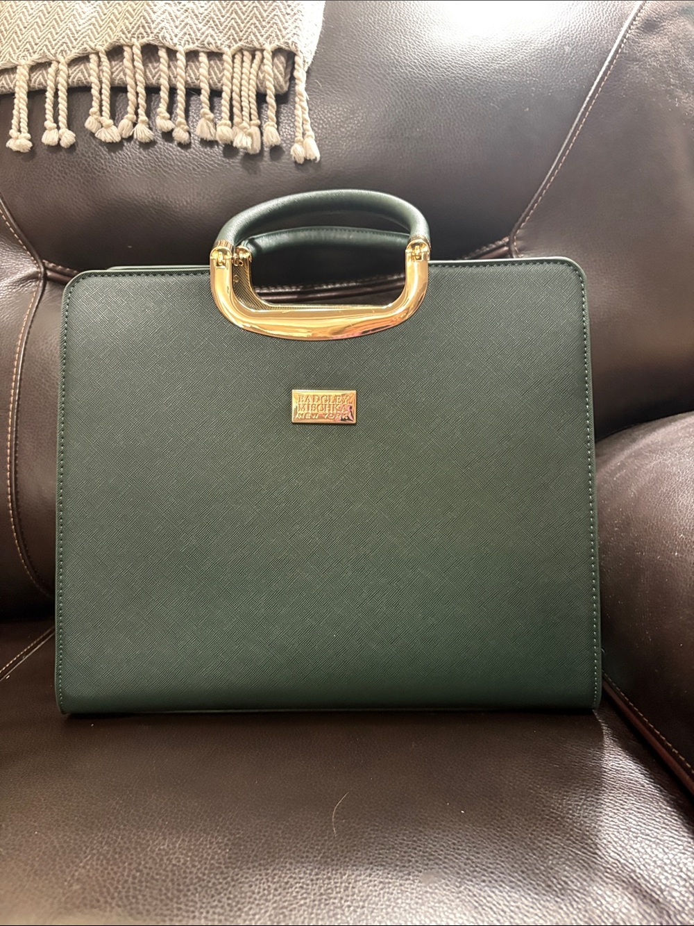 Badgley Mischka New York The Louise Saffiano Large Satchel Emerald Green